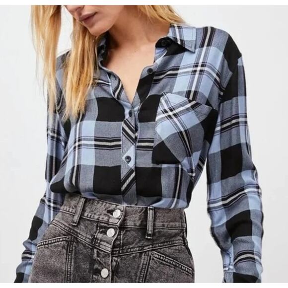 Rails Hunter Long Sleeve Flannel Plaid Button Down Shirt Current Onyx White M - Picture 1 of 8